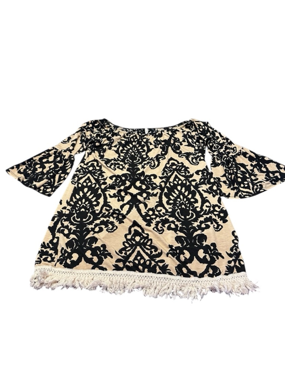 cezanne Cream and Black Damask Fringe-Hem Casual Dress